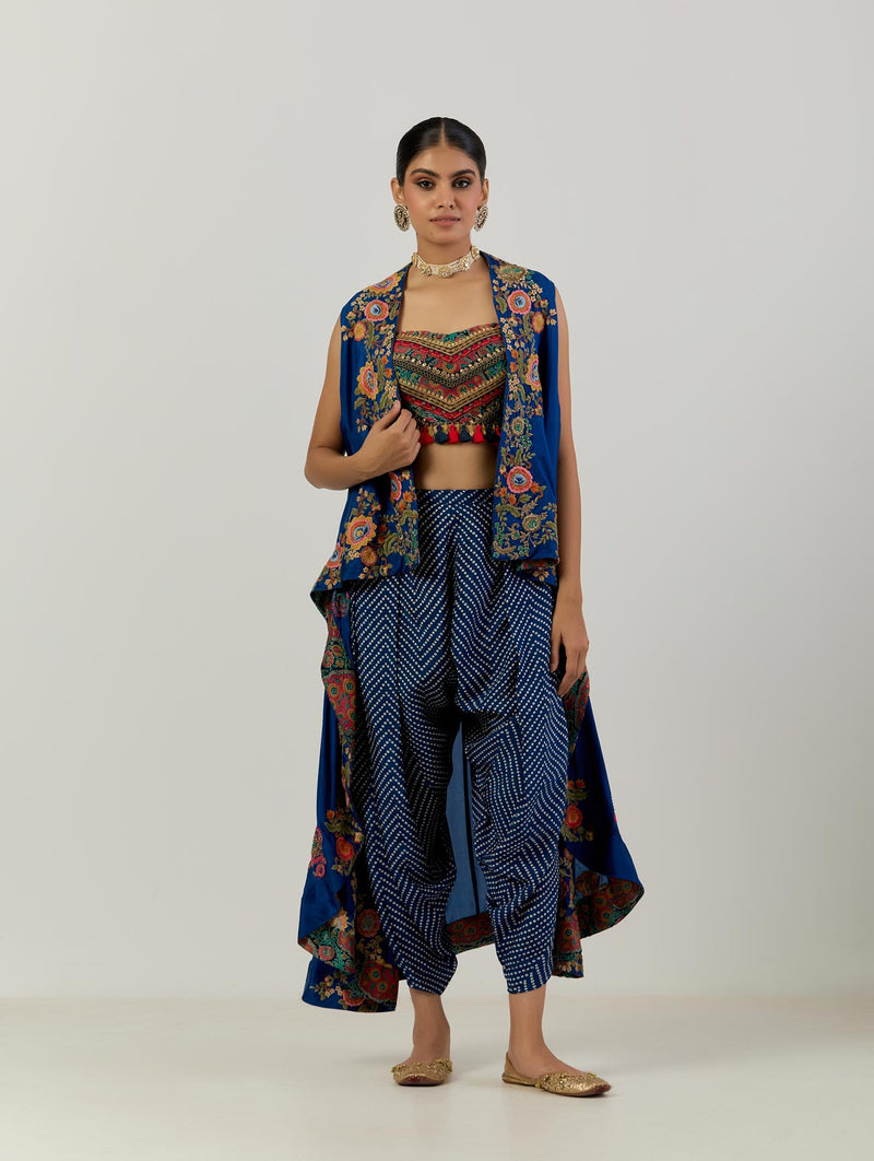 Blue Silk Highlow Jacket Bustier And Bandani Print