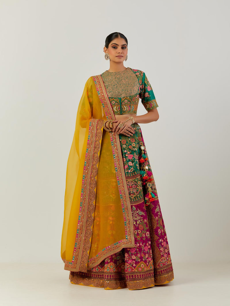 Green And Magenta Sonu Lehenga With Blouse And Dupatta