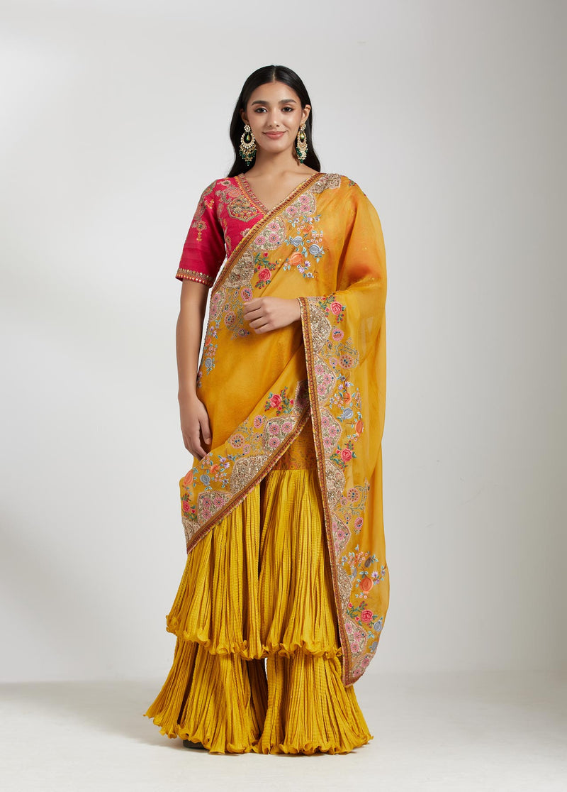 Yellow and Magenta Sharara Saree Set