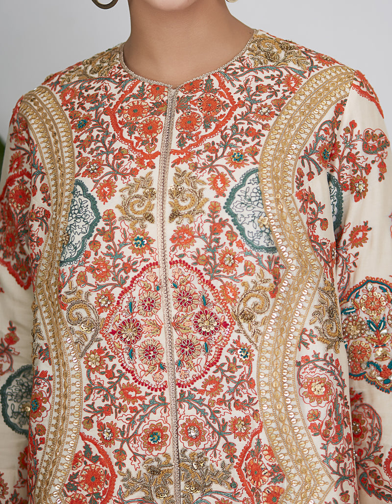Ivory Multi Color Embroidered Jacket Set