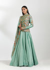 Turquoise Chanderi Jacket With Skirt Set