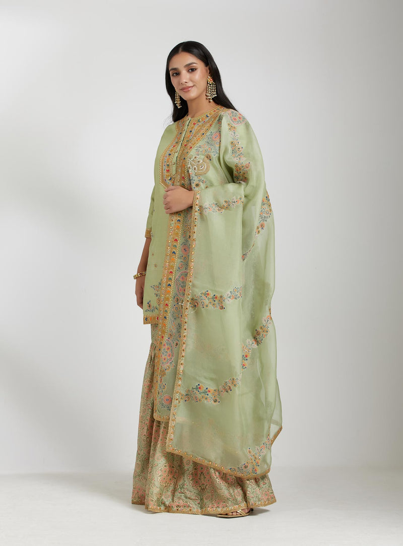 Pista Green Printed Sharara with an Embroidered Kurta and Dupatta Set