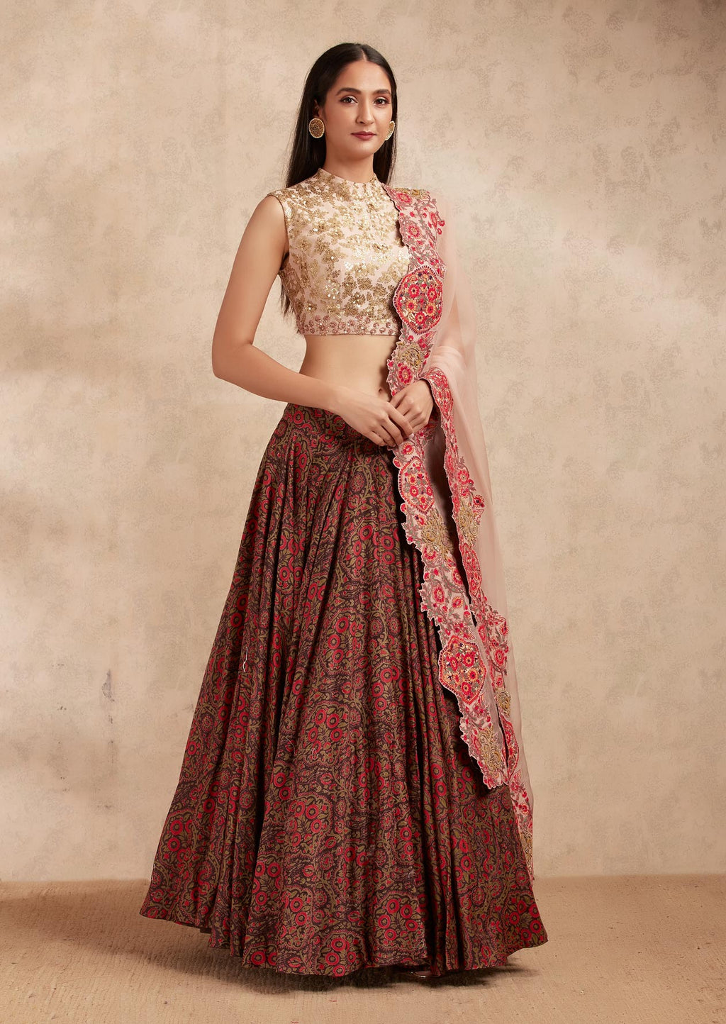 Printed Brown Lehenga with a Blouse and Organza Dupatta