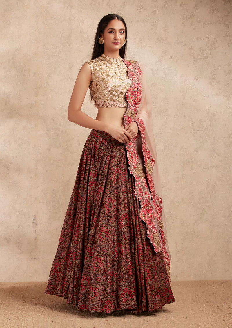 Printed Brown Lehenga with a Blouse and Organza Dupatta