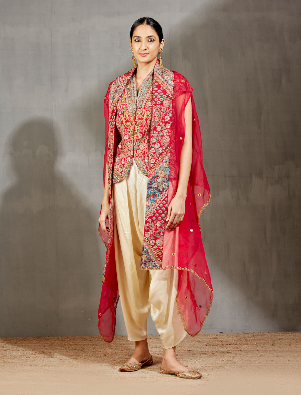 Red Jacket with a Cape and Pleated Salwaar