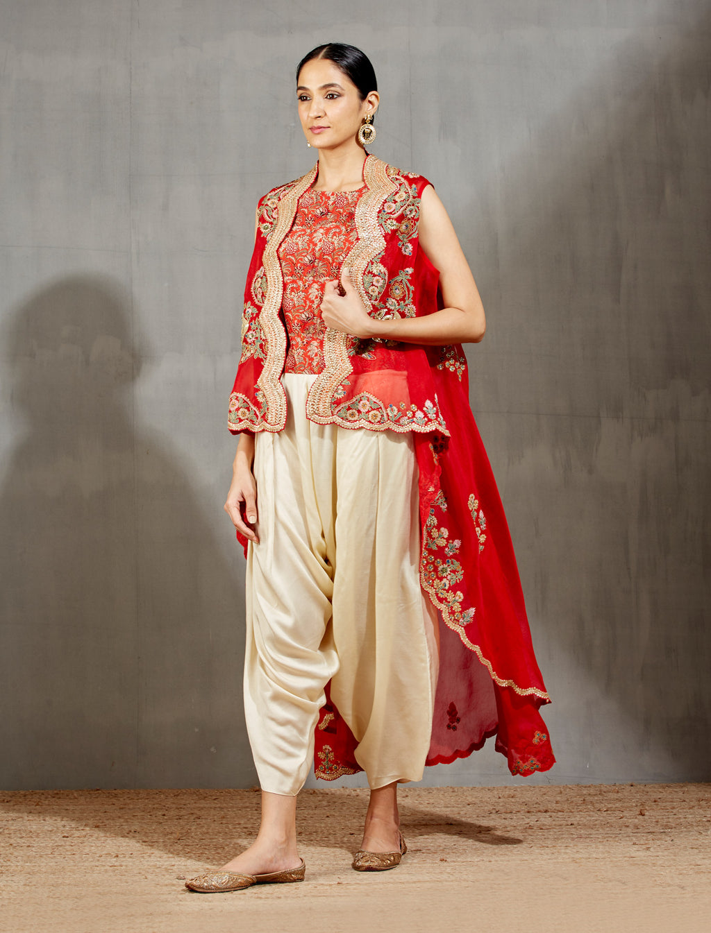 Red High-Low Jacket with a Printed Top and Pleated Salwaar