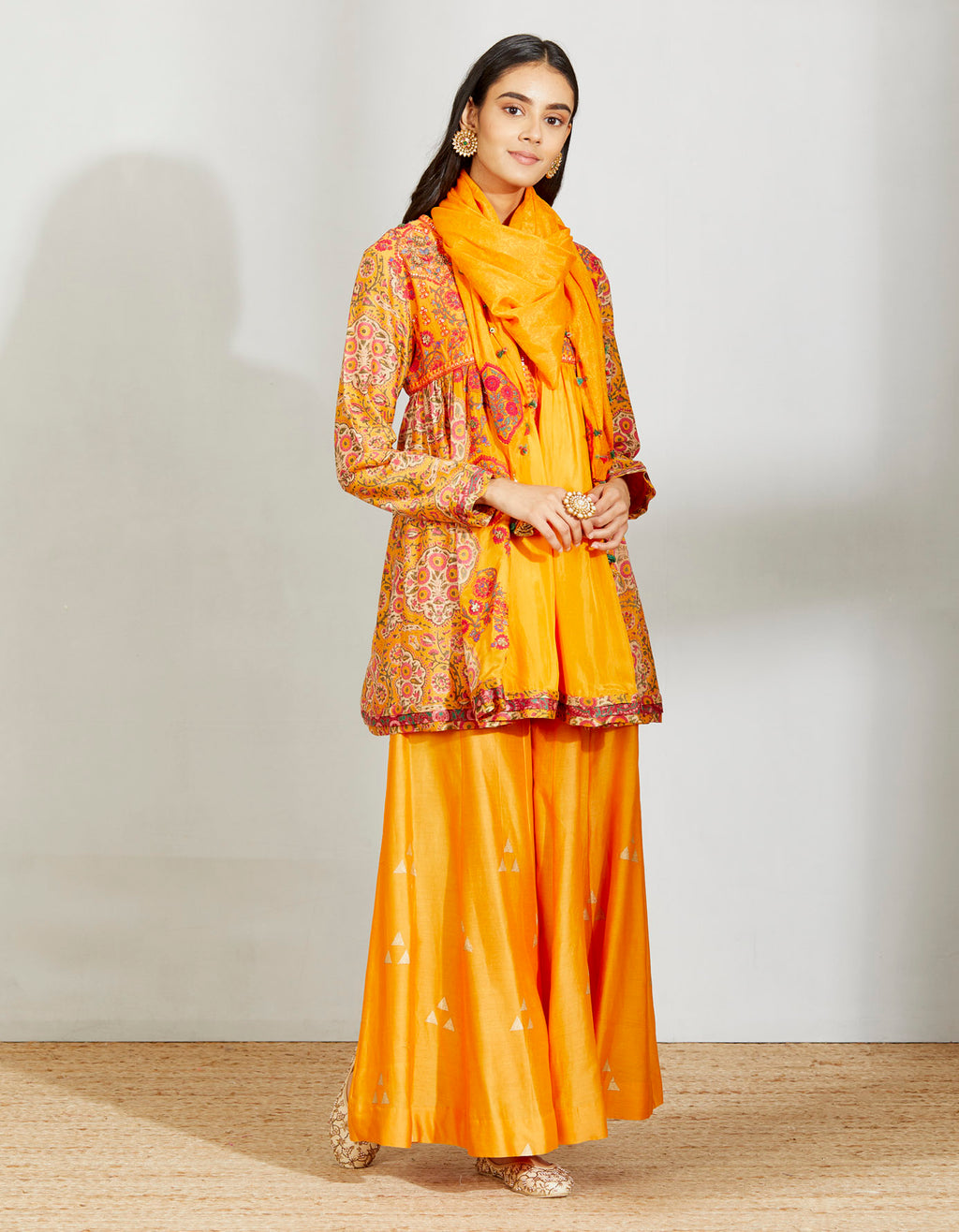 Coral Mughal Frock Dress With Farshi And Scarf