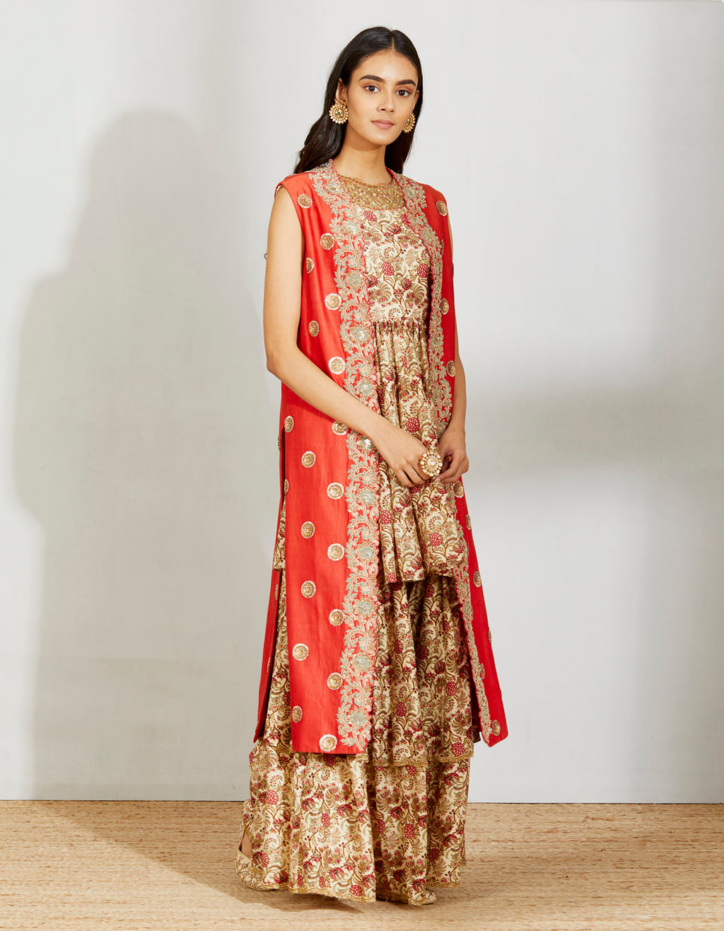 Ivory Nargish Print Frock Top And Ivory Nargish Print Sharara And Polka Tara Booti Jacket