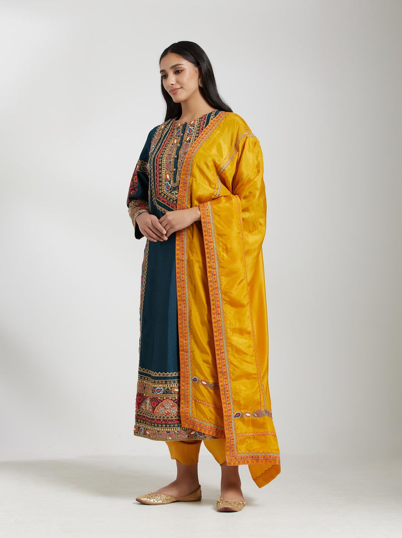 Blue Embroidered Kurta with Mustard Dupatta and Salwar