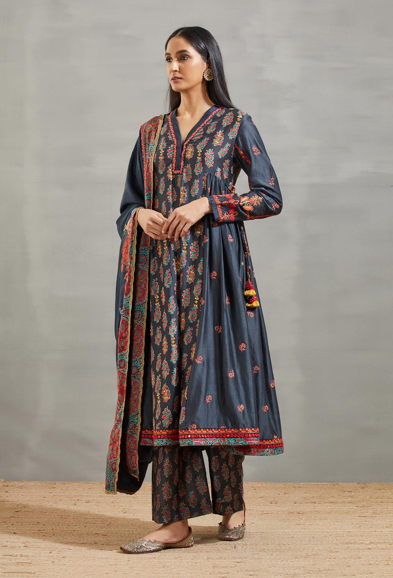 Blue Buti Print Side Gather Kurta Set