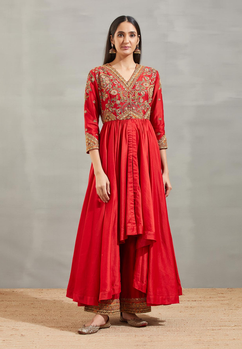 Red Mughal Embroidered Tunic Set