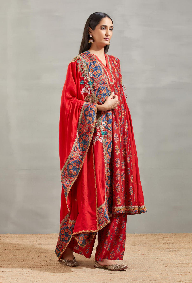 Red Buti Print Side Gather Kurta Set