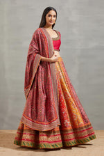 Yellow Red Mughal Print and Embroidery Lehenga Set