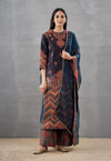 Ombre Zig Zag Kurta with Mughal Print Palazzo and Organza Dupatta in Blue