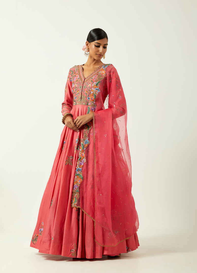 Candy Pink Chanderi Anarkali Set