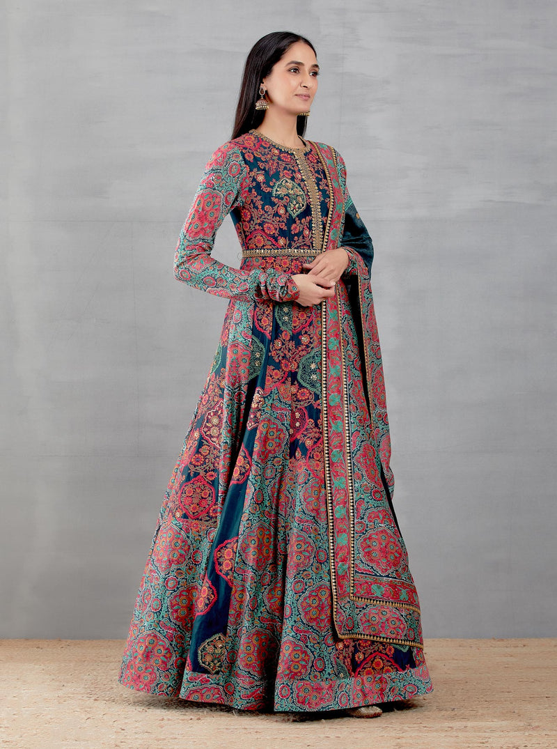 Blue Mughal Print Kalidar with a Dupatta