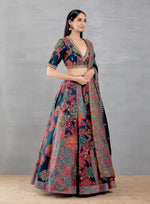 Blue Mughal Print Lehenga With Mughal Embroidery Blouse And Dupatta