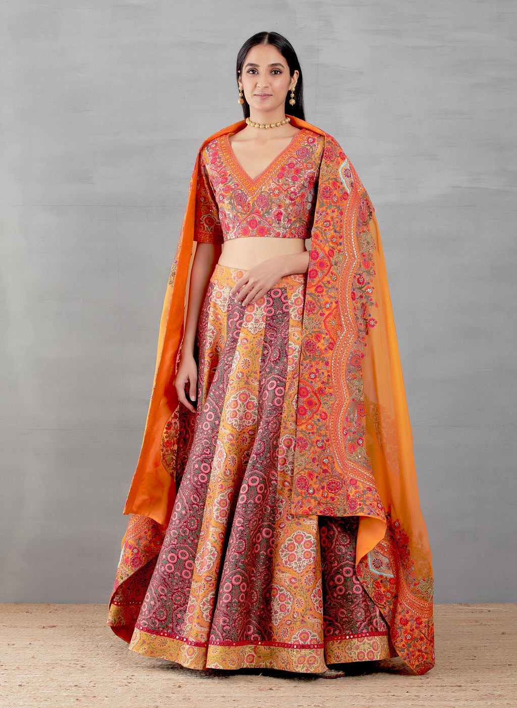Yellow And Magenta Mughal Print Lehenga With Mughal Embroidery Blouse And Dupatta