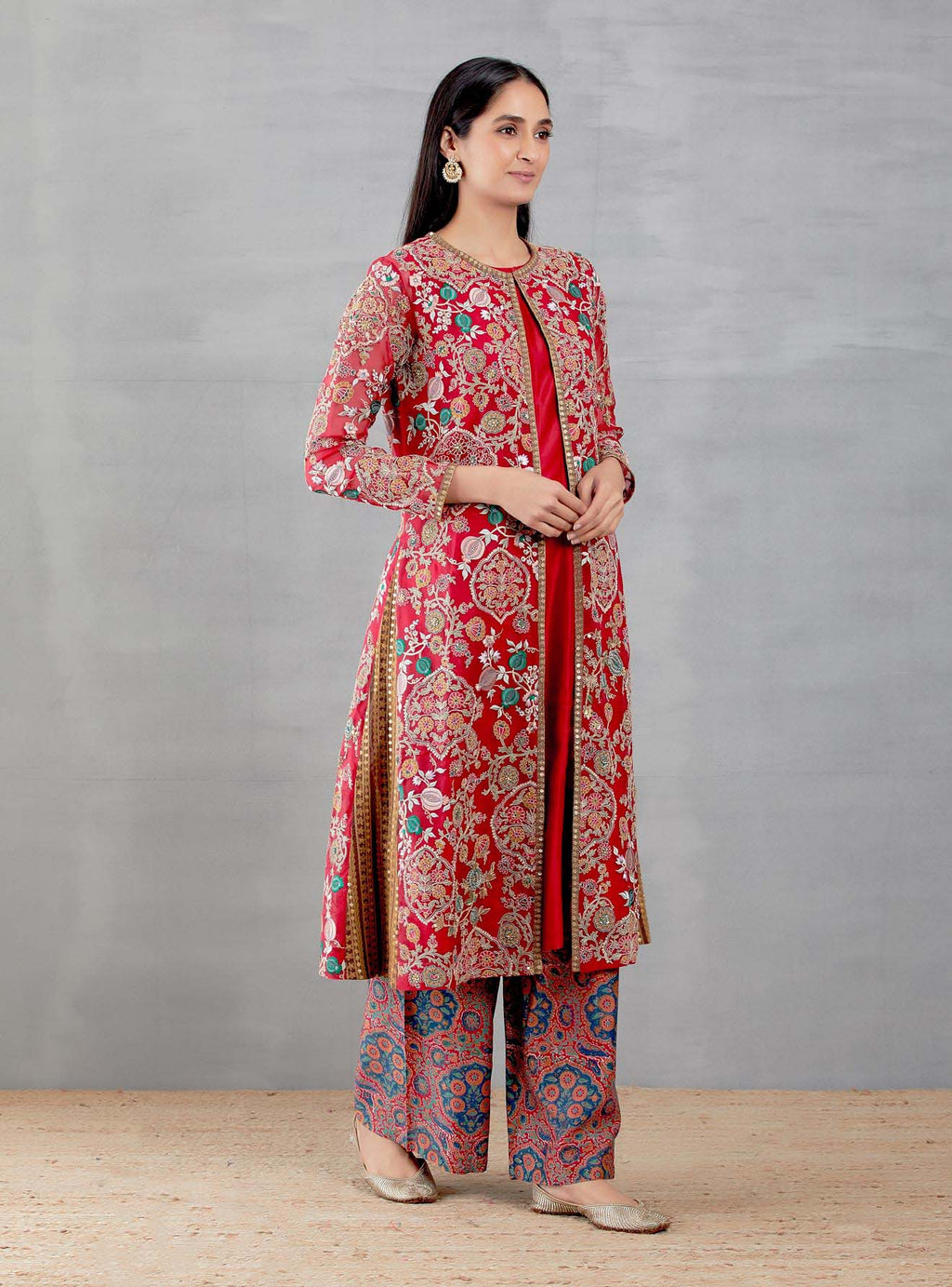 Organza Mughal And Anar Long Jacket With Printed Inner With Blue Pant