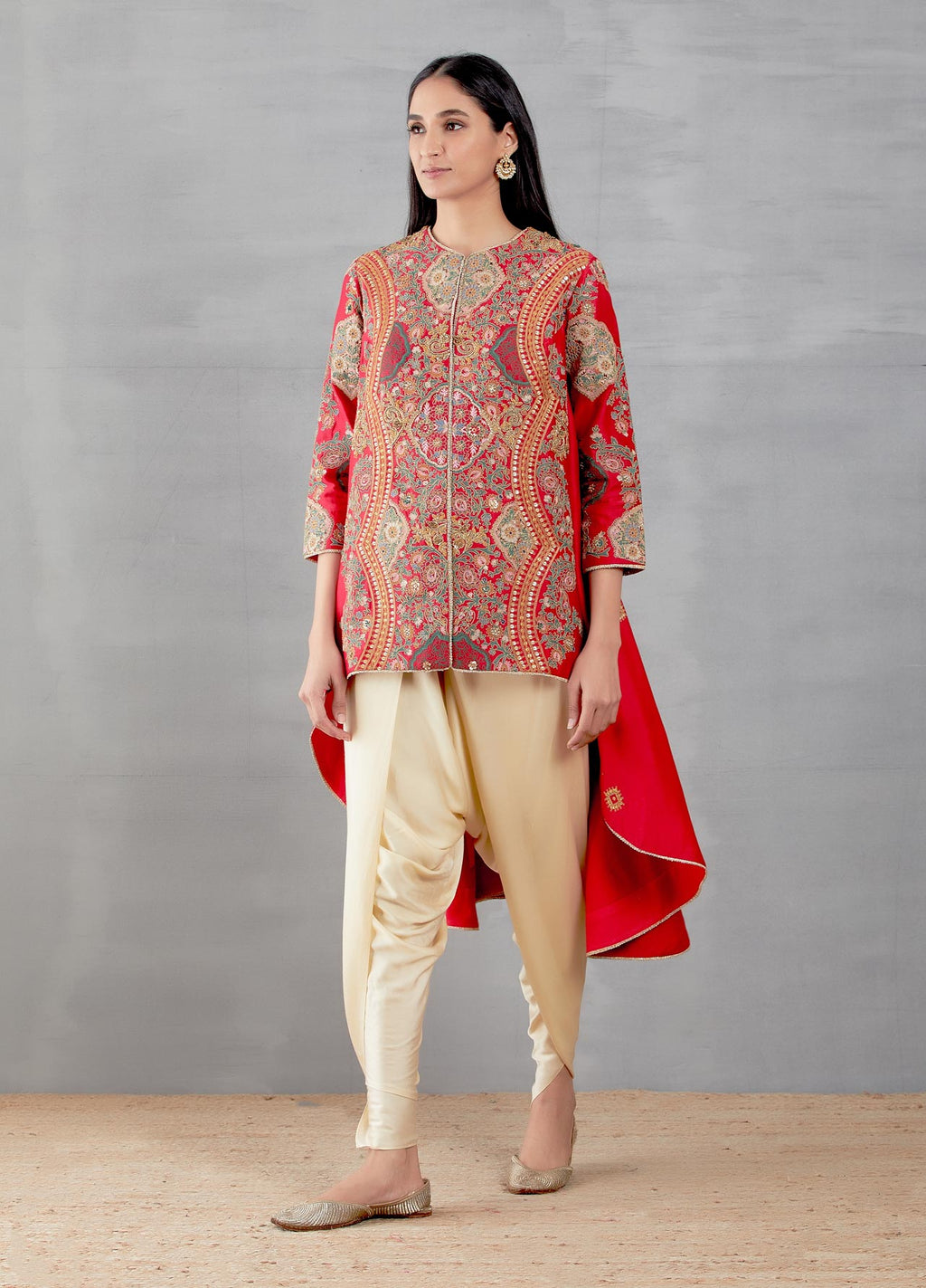 Red Mughal Barfi Trail Jacket With Dhoti Pant