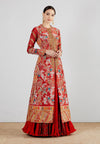 Red Mughal Print Long Jacket With Tamba And Thread Work With a Crushed Skirt