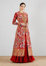 Red Mughal Print Long Jacket With Tamba And Thread Work With Crushed Sharara