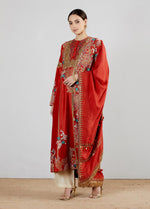 Red Chanderi Tamba Yoke Mughal Kurta With Palazzo And Silk Dupatta