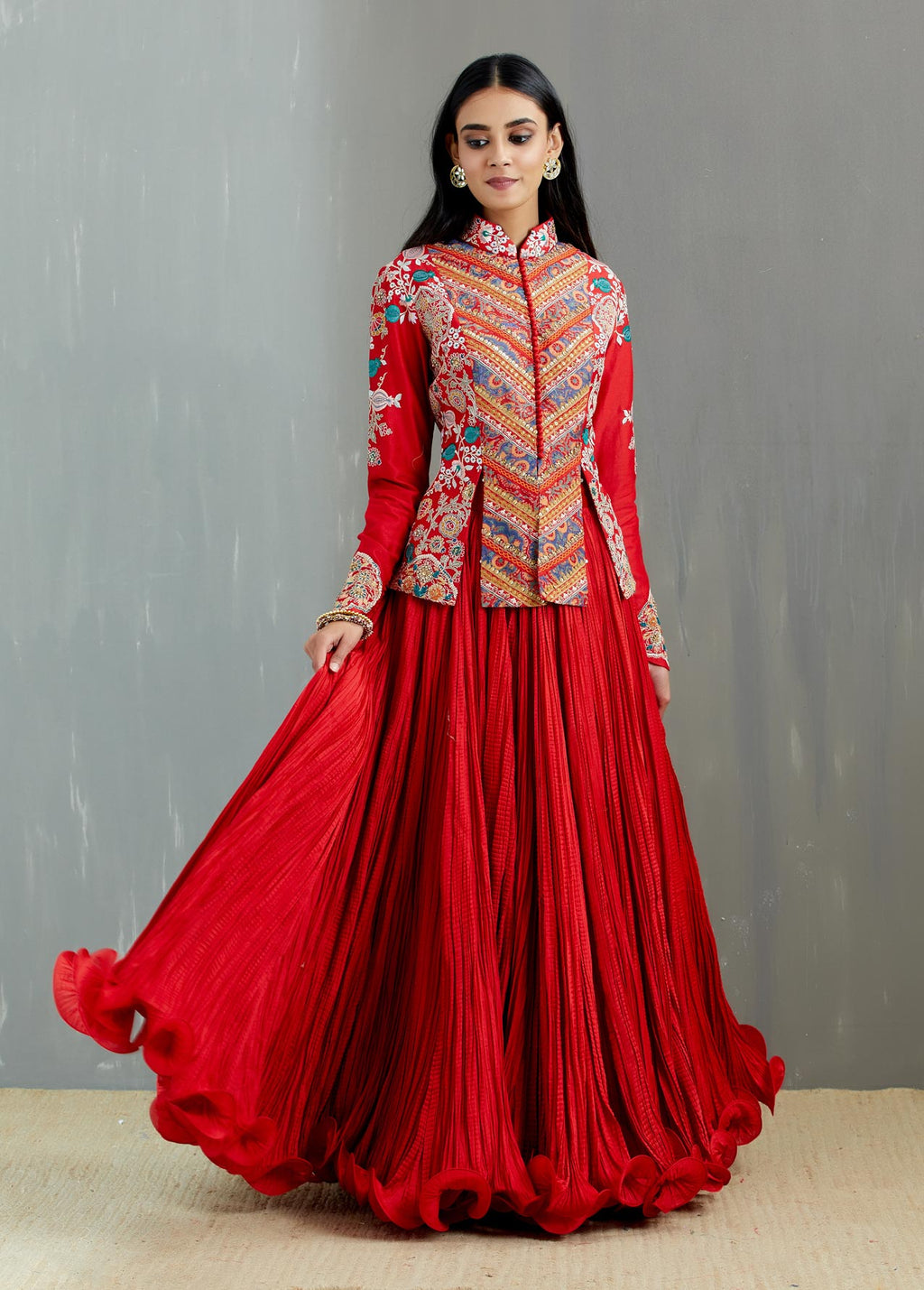 Red British Jacket With Chanderi Crinkle Skirt