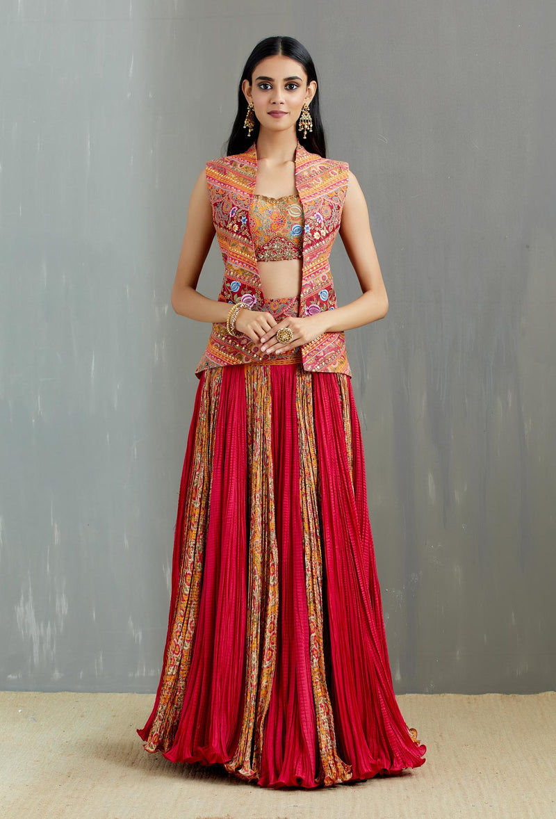 Magenta Chanderi & Orange Mughal Print Crinkle Skirt With Embroidered Jacket And Orange Print Bustier