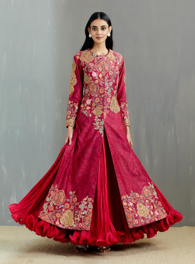 Magenta Chanderi Tamba Salim Long Jacket With a Crushed Skirt