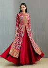 Red Mughal Print Long Jacket With Tamba And Thread Work With Crushed Skirt