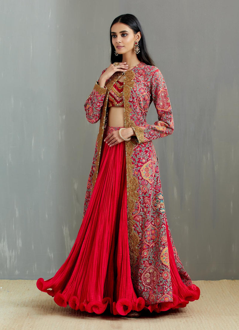 Red Organza Mughal Polash Long Jacket With Bustier And Crushed Red Farshi