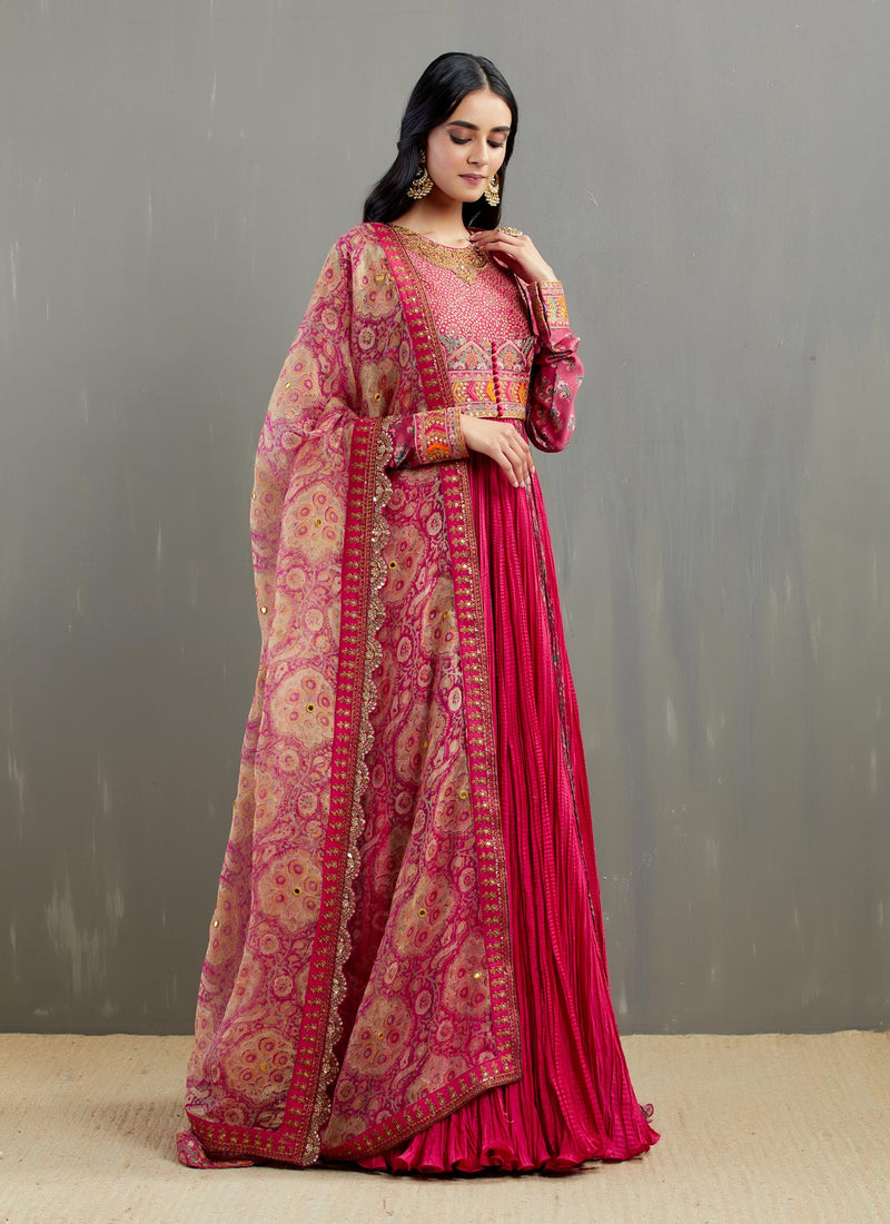 Magenta Crinkle Kalidar with Short Jacket and Chudidar and Printed Organza Dupatta