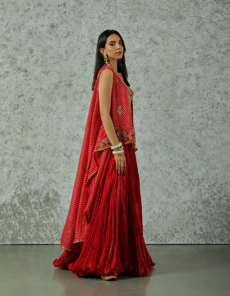 Red Rani Silk Highlow Cape With Chanderi Skirt