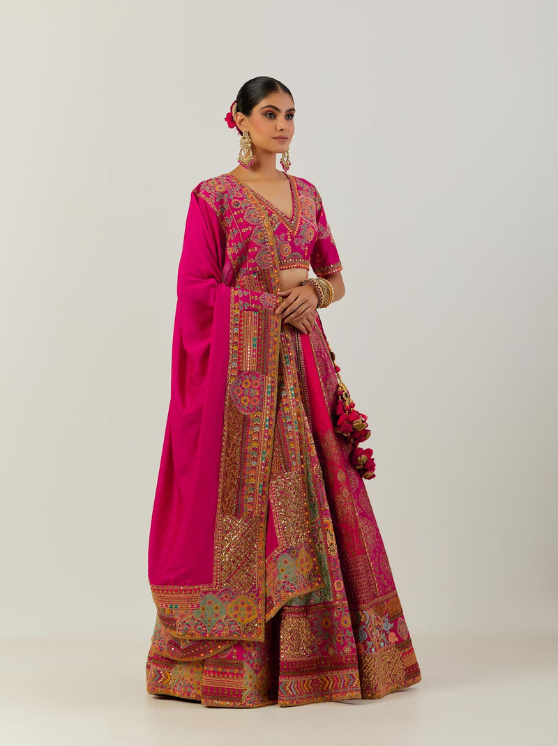 Magenta and Red Brocade Multi Pannel Lehenga With Blouse And Dupatta