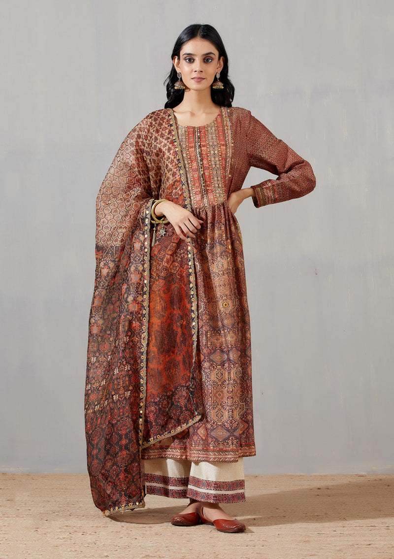 Nishaat Buti Gather Kurta With Palazzo And Printed Organza Dupatta