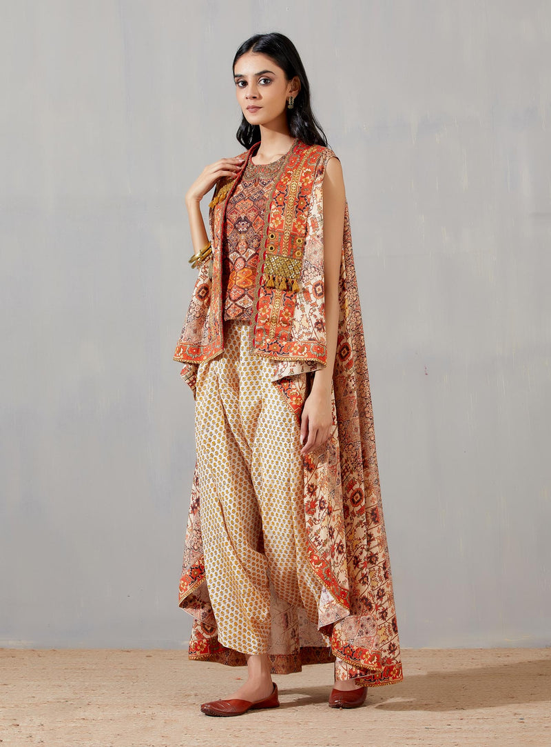 Nergis High-Low Jacket With Daimond Barfi Top And Silk Asma Flower Print Pleat Salwar