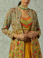 Mustard crinkled skirt with a heavy embroidered jacket set