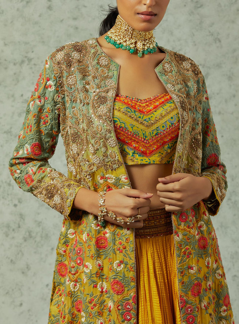 Mustard crinkled skirt with a heavy embroidered jacket set