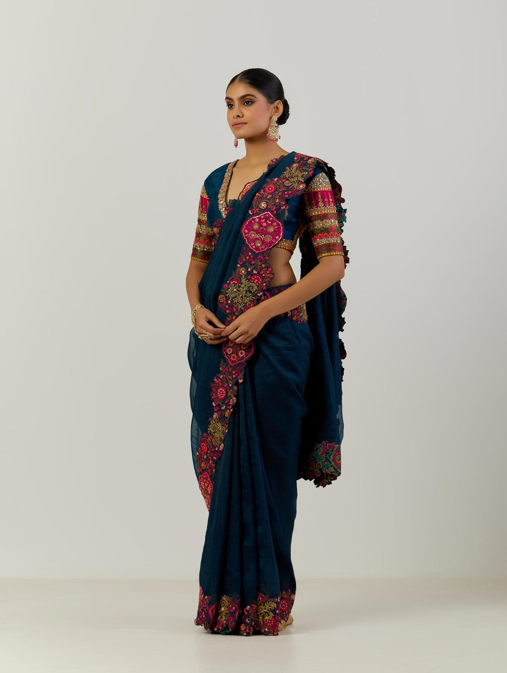 Blue Mughal Cutwork Sari With Blouse