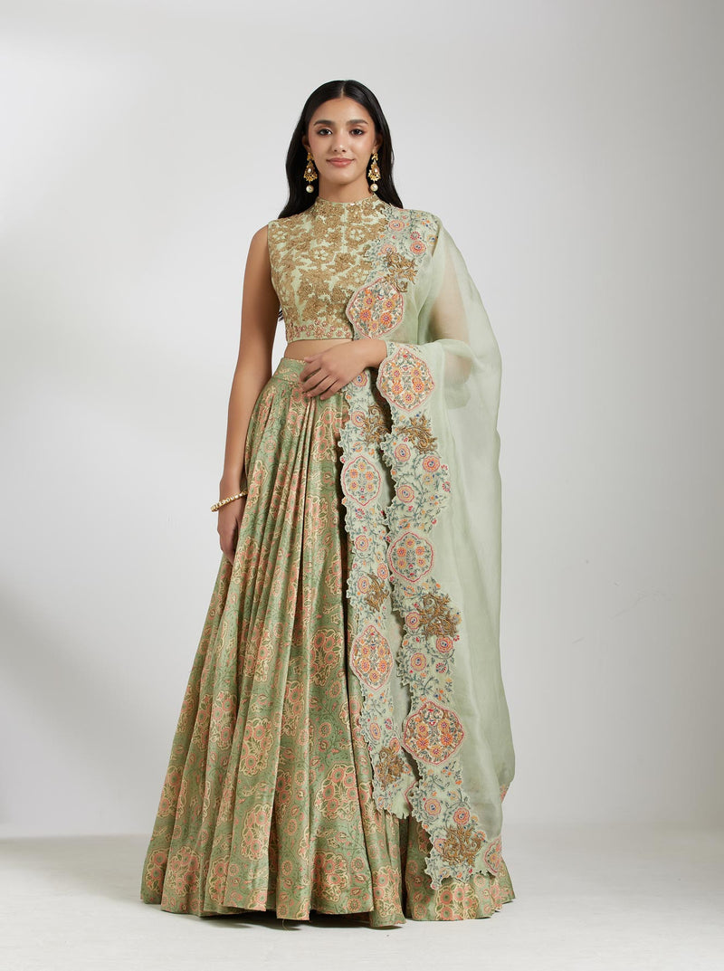 Pista Green Printed Lehenga Set