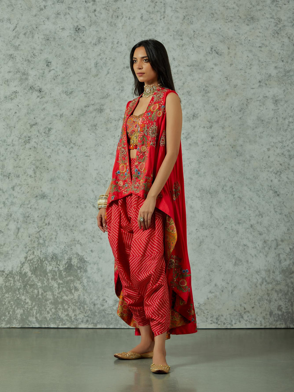 Red Silk Highlow Cape With Dhoti Set