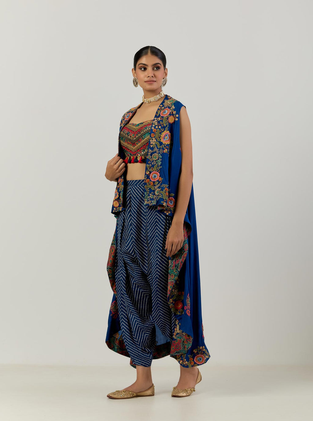 Blue Silk Highlow Jacket Bustier And Bandani Print