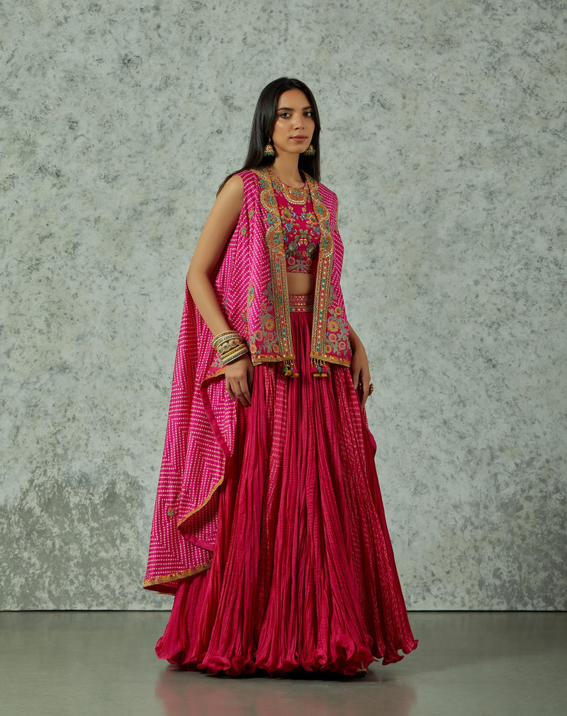 Rani Pink And Red Silk Highlow Cape With Skirt Set