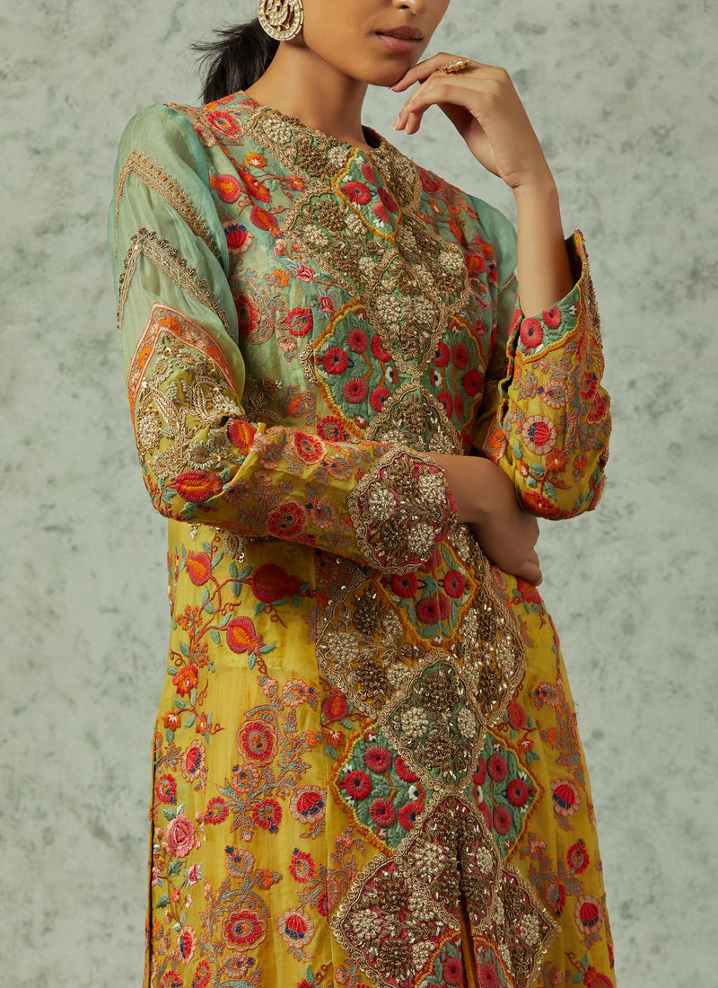 Mustard with Soft Lime Shaded Jacket with a Crinkled Skirt Set