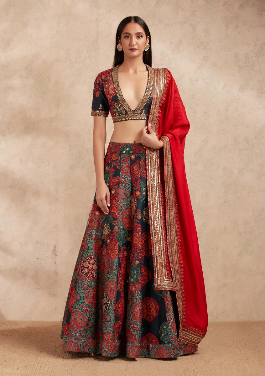 Blue Lehenga Set with a Red Dupatta