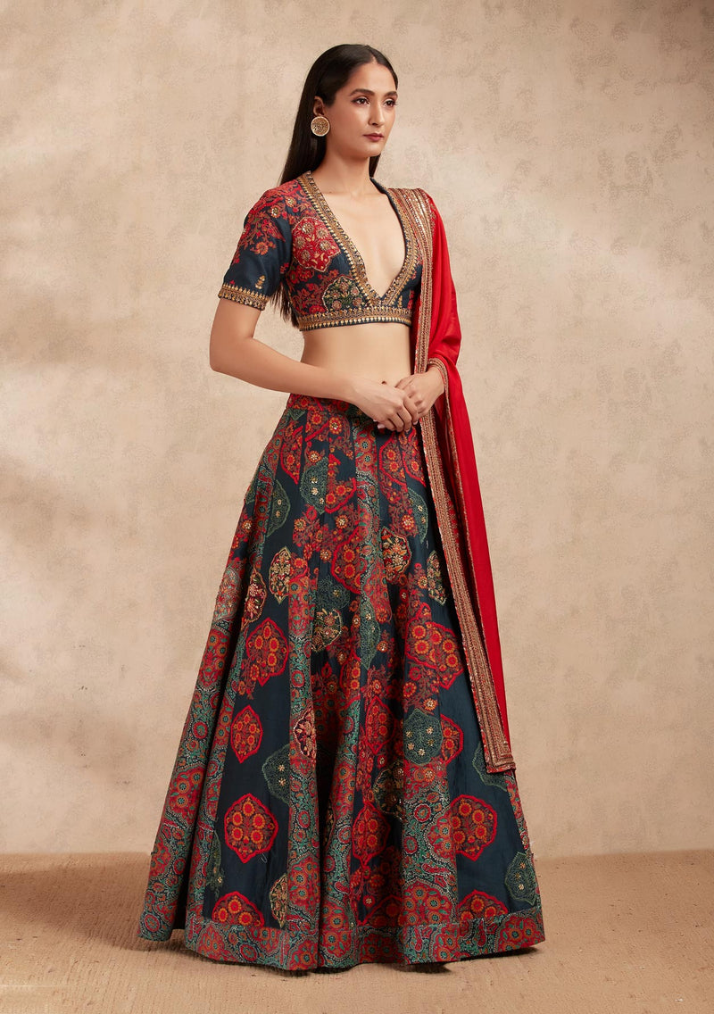 Blue Lehenga Set with a Red Dupatta