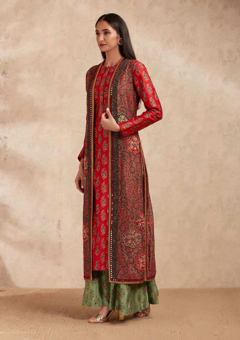 Brown Block Printed and Embroidered Jacket Set