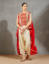 Red High-Low Jacket with a Printed Top and Pleated Salwaar