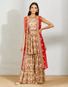 Ivory Nargish Print Frock Top And Ivory Nargish Print Sharara And Polka Tara Booti Jacket